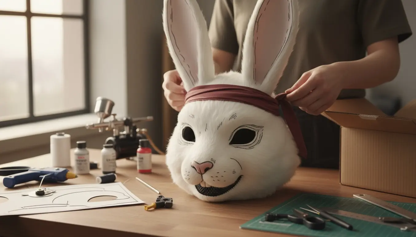 Håndlavet kaninhovedkostume med opretstående ører bundet med et bånd lagt på et værkstedsbord omgivet af hobbyværktøj.