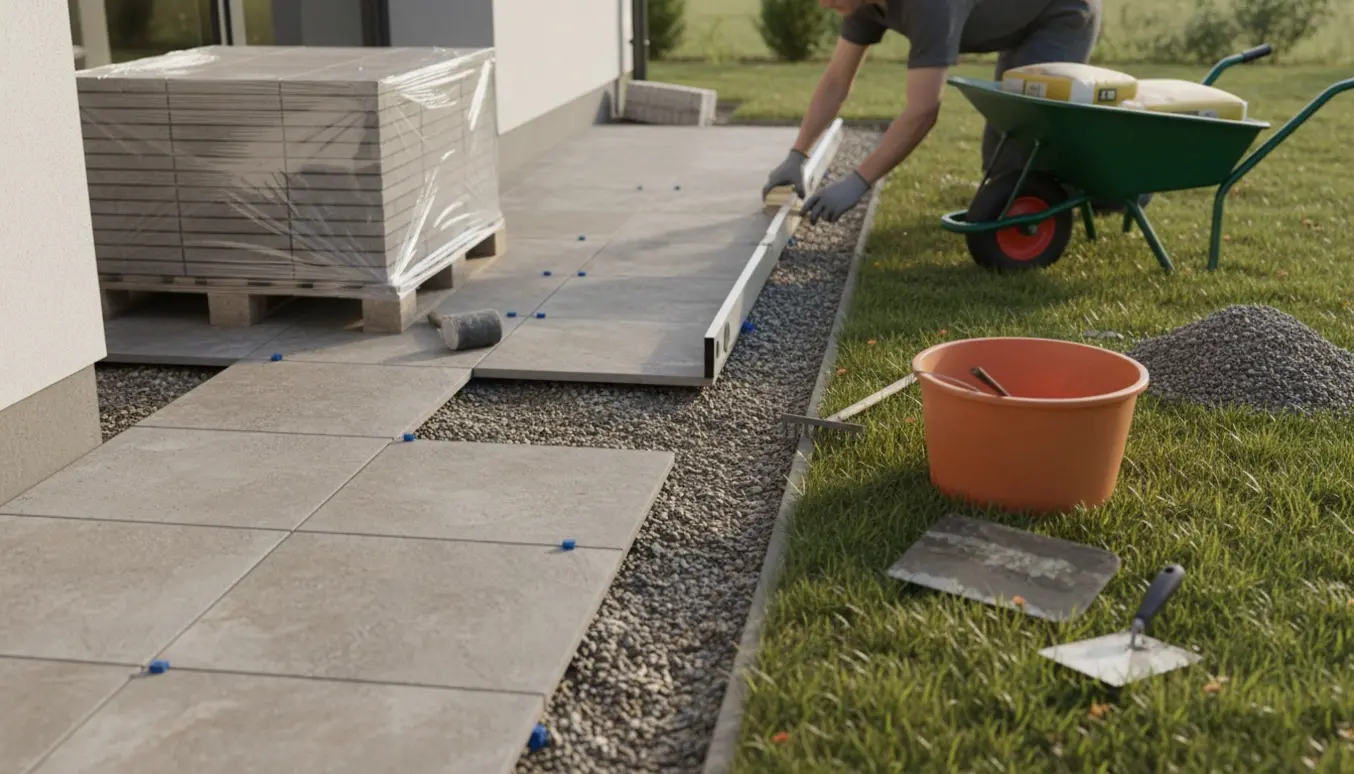 Nærbillede af fliselægning rundt om et hus med 60x60 fliser, udjævnet grusbund og håndværktøj.