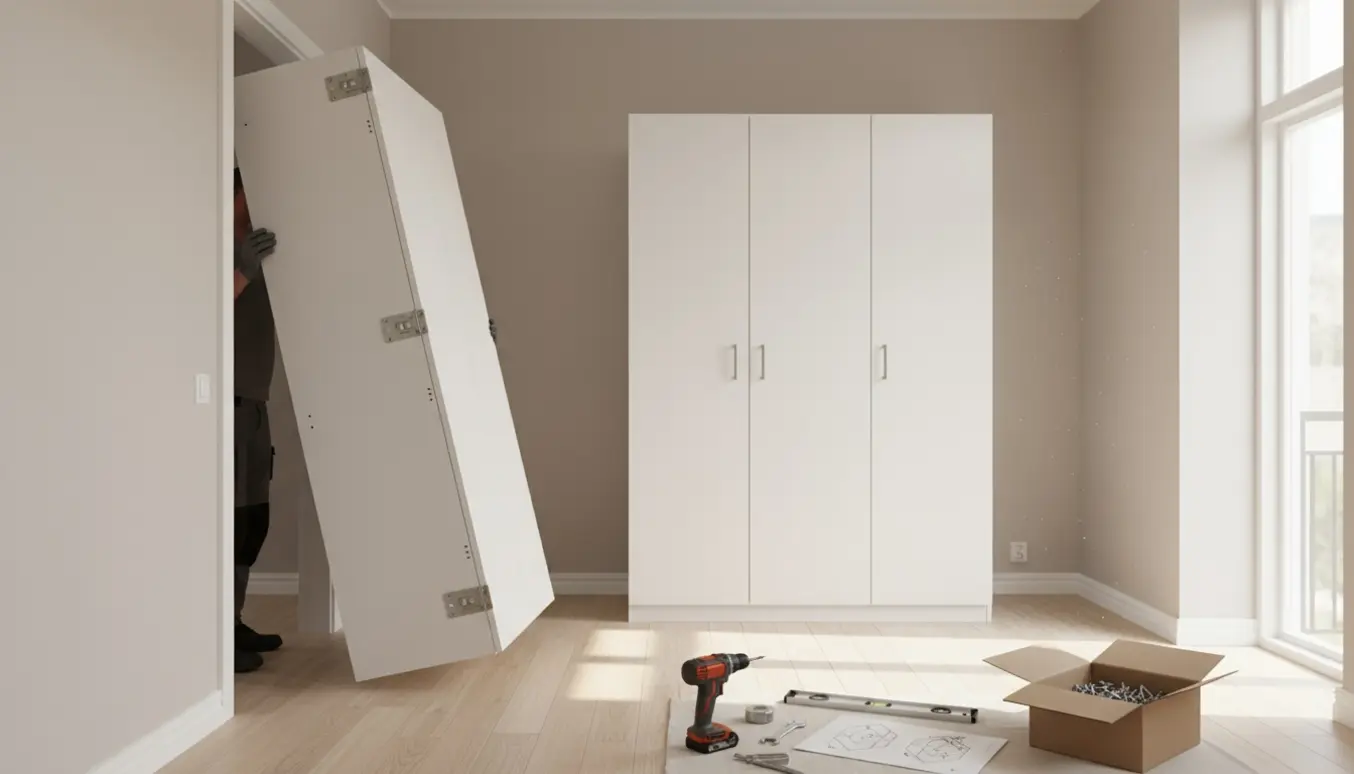 Et hvidt skab trækkes gennem en dør til et lyst soveværelse for at blive samlet med to identiske skabe.