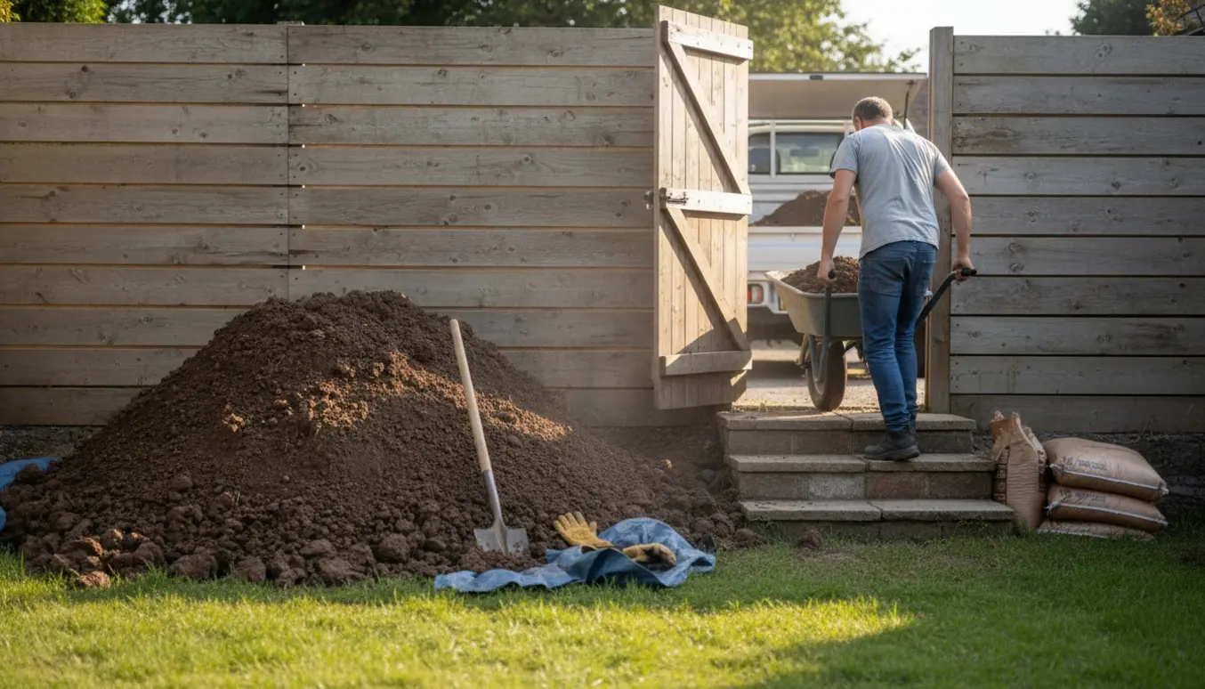 Stor bunke udgravet jord i baghaven ved en smal havedør og tre trin, mens en arbejder læsser jord i en trillebør.