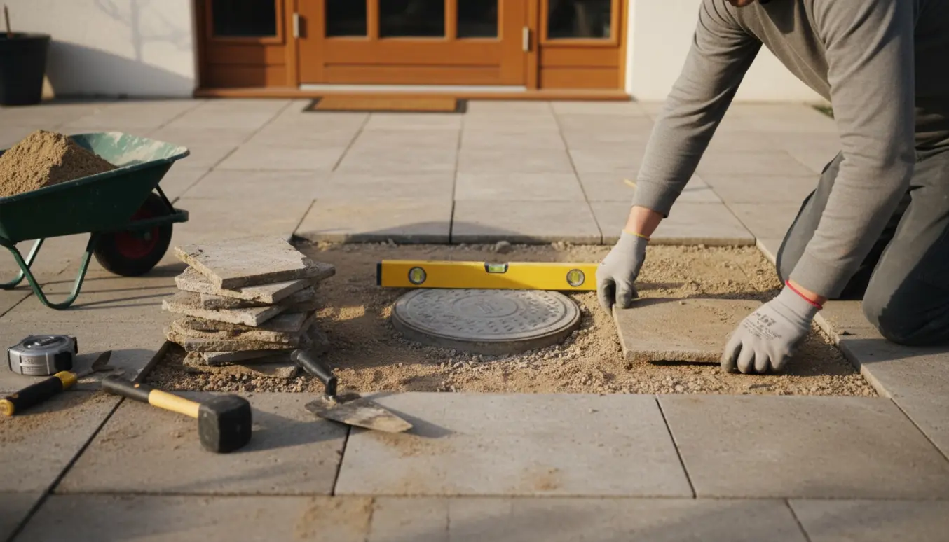 Hænder lægger genbrugte fliser på et lille jordstykke ved en terrasse med synligt dæksel.