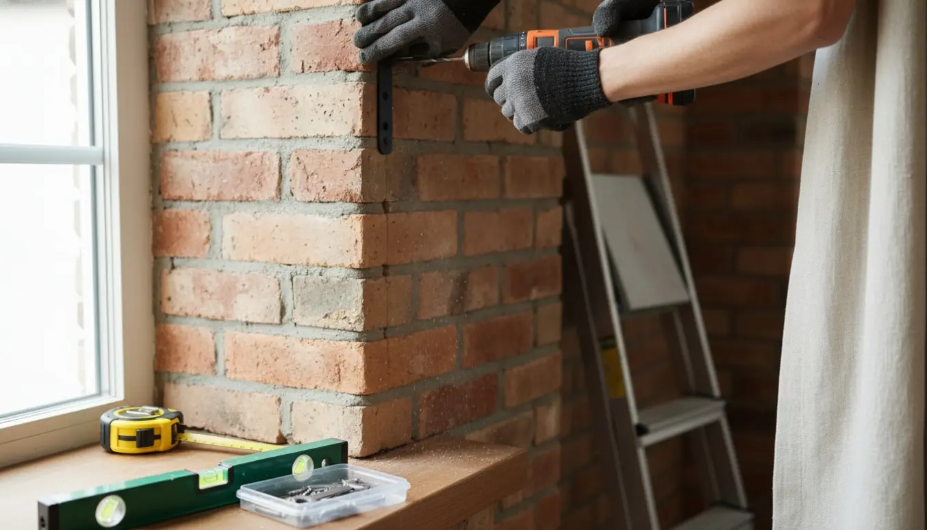 Hænder monterer en gardinstang på en murstensvæg med boremaskine og rawlplugs.