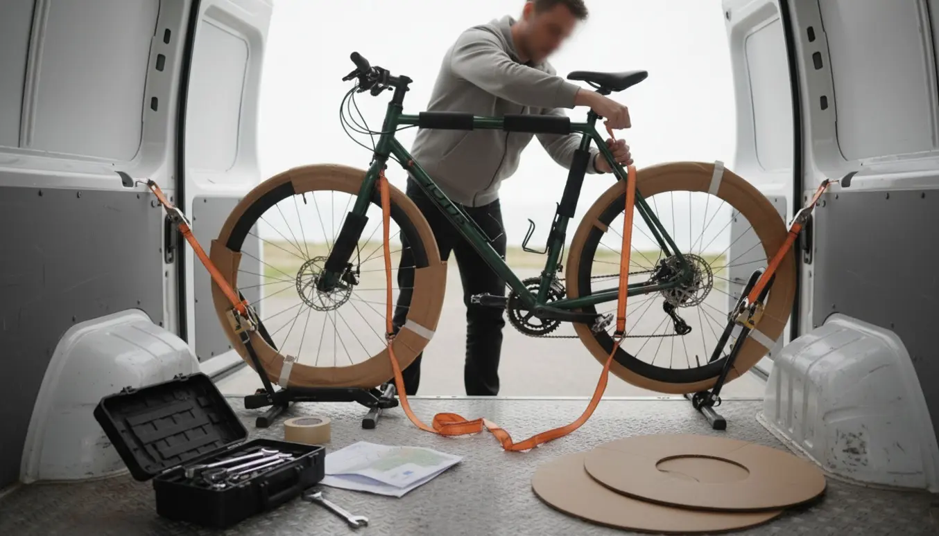 Cykel pakket og fastgjort i en varebil klar til transport.