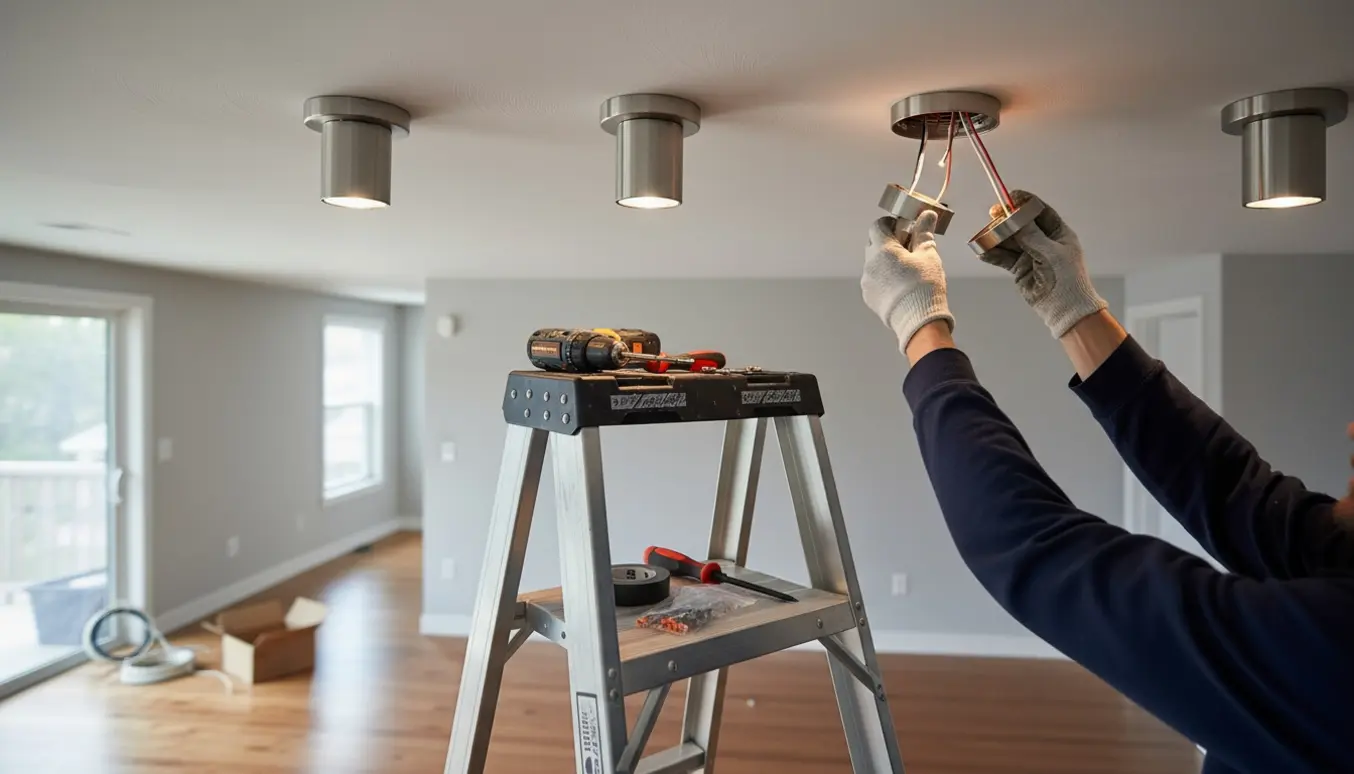En person på en stige monterer en loftlampe, mens tre andre lamper allerede er installeret og værktøj ligger klar.