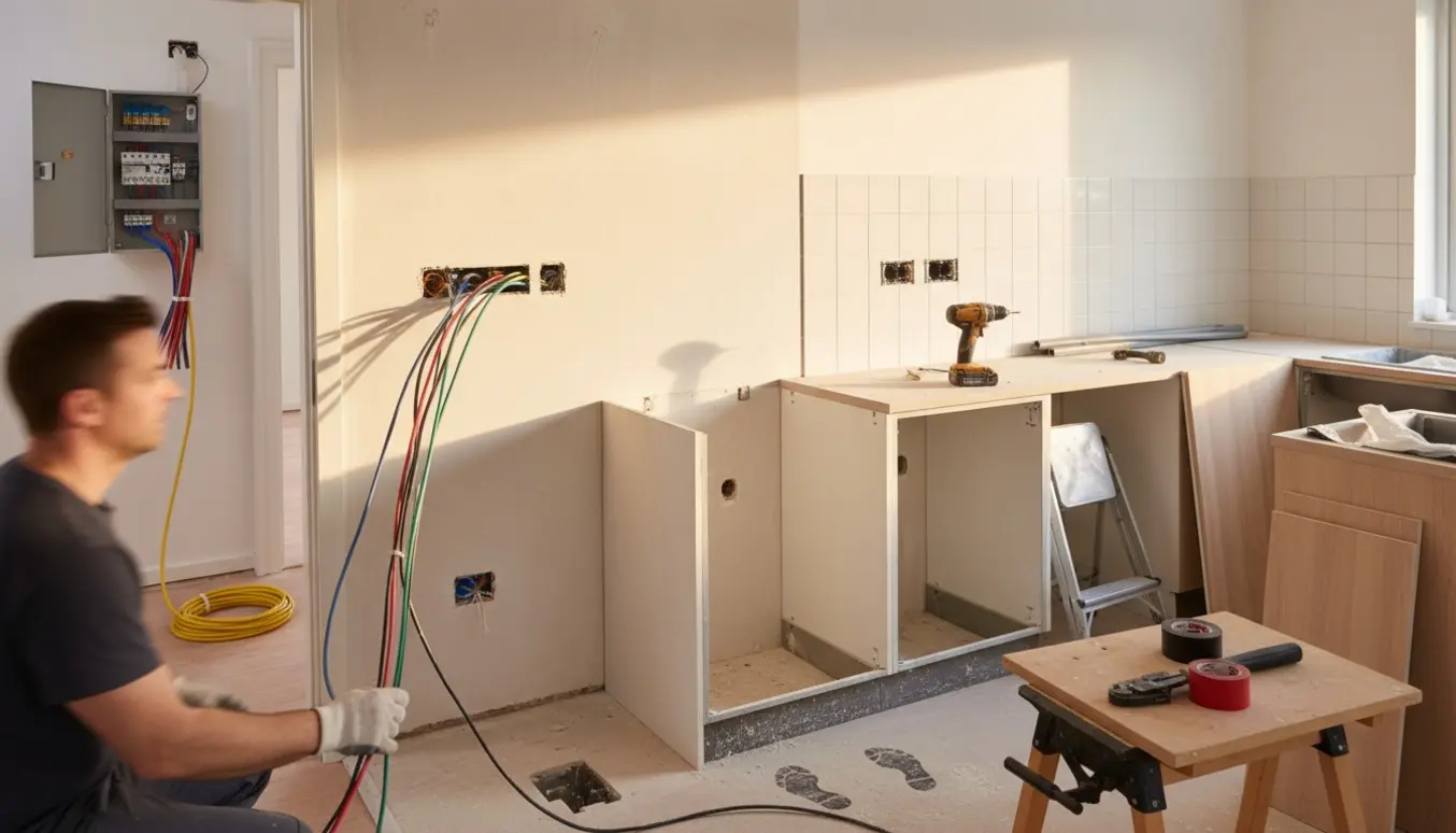 Elektriker trækker nye kabler og monterer en ny sikringsgruppe i et nyligt nedrevet køkken klar til geninstallation.