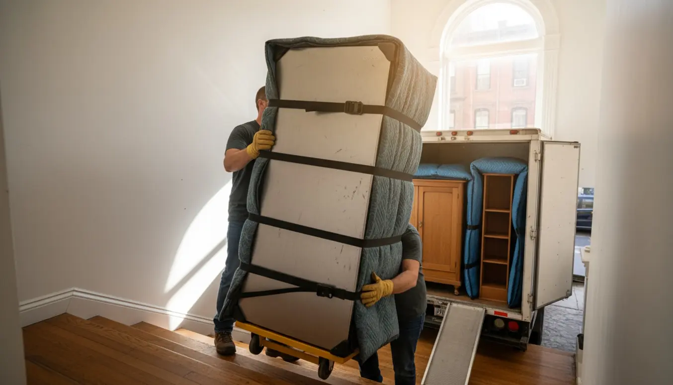 To personer bærer et køleskab ned ad en trappe, mens et lille klædeskab og en reol er sikret i en åben flyttebil nedenfor.