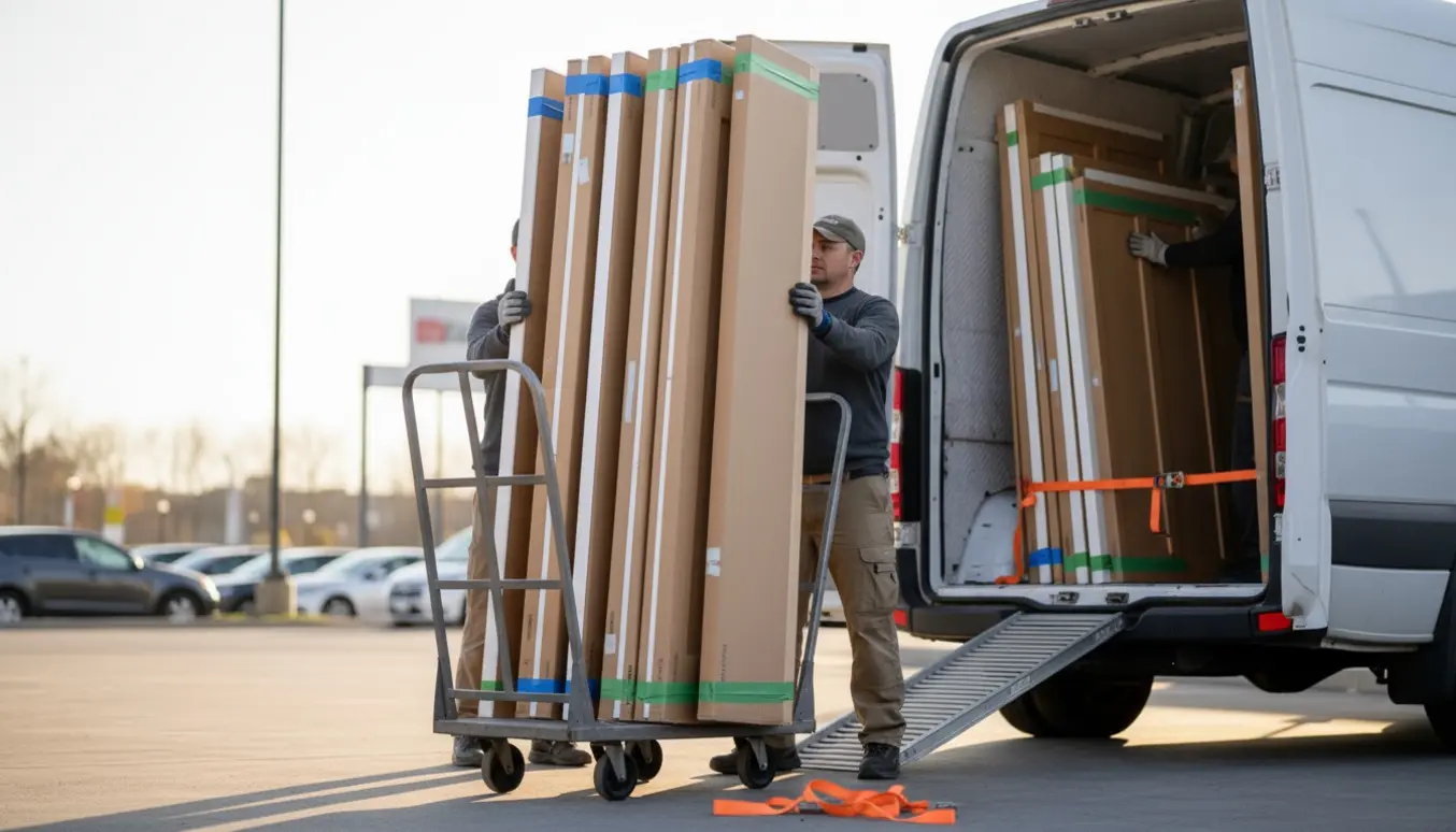 Seks lange skabslåger bliver lastet i en varevogn ved et afhentningsområde.