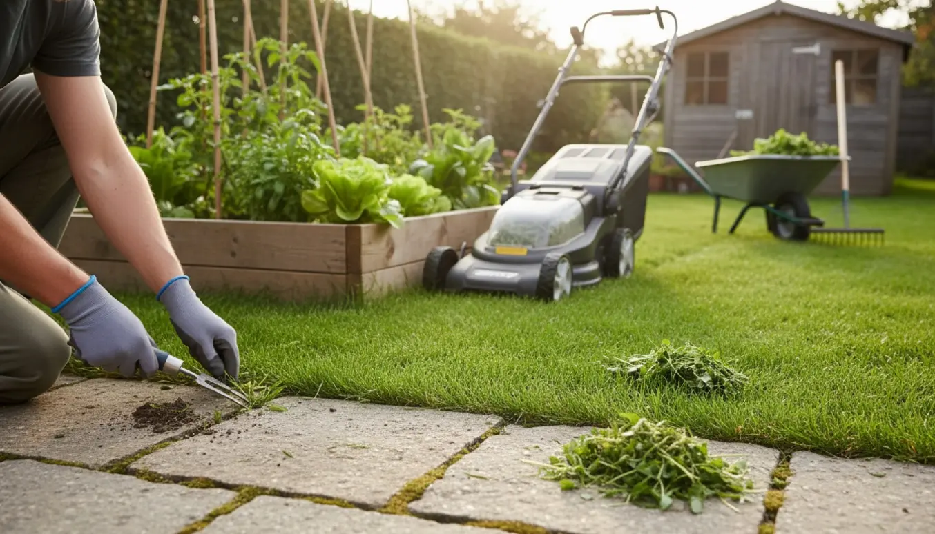 Nyttehave med græsslåning og fjernelse af ukrudt mellem fliser, med handsker, plæneklipper og redskaber i efterårssol.
