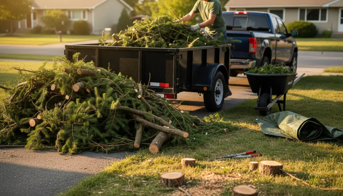 En trailer læsses med grangrene og kviste fra fældede træer på en indkørsel.