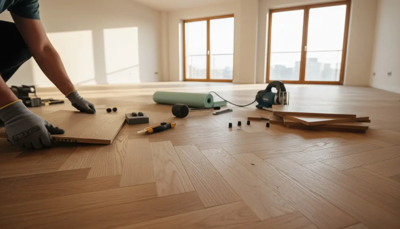 Delvist færdigt sildebens klikgulv i et lyst åbent rum med en hånd, der klikker en planke på plads.