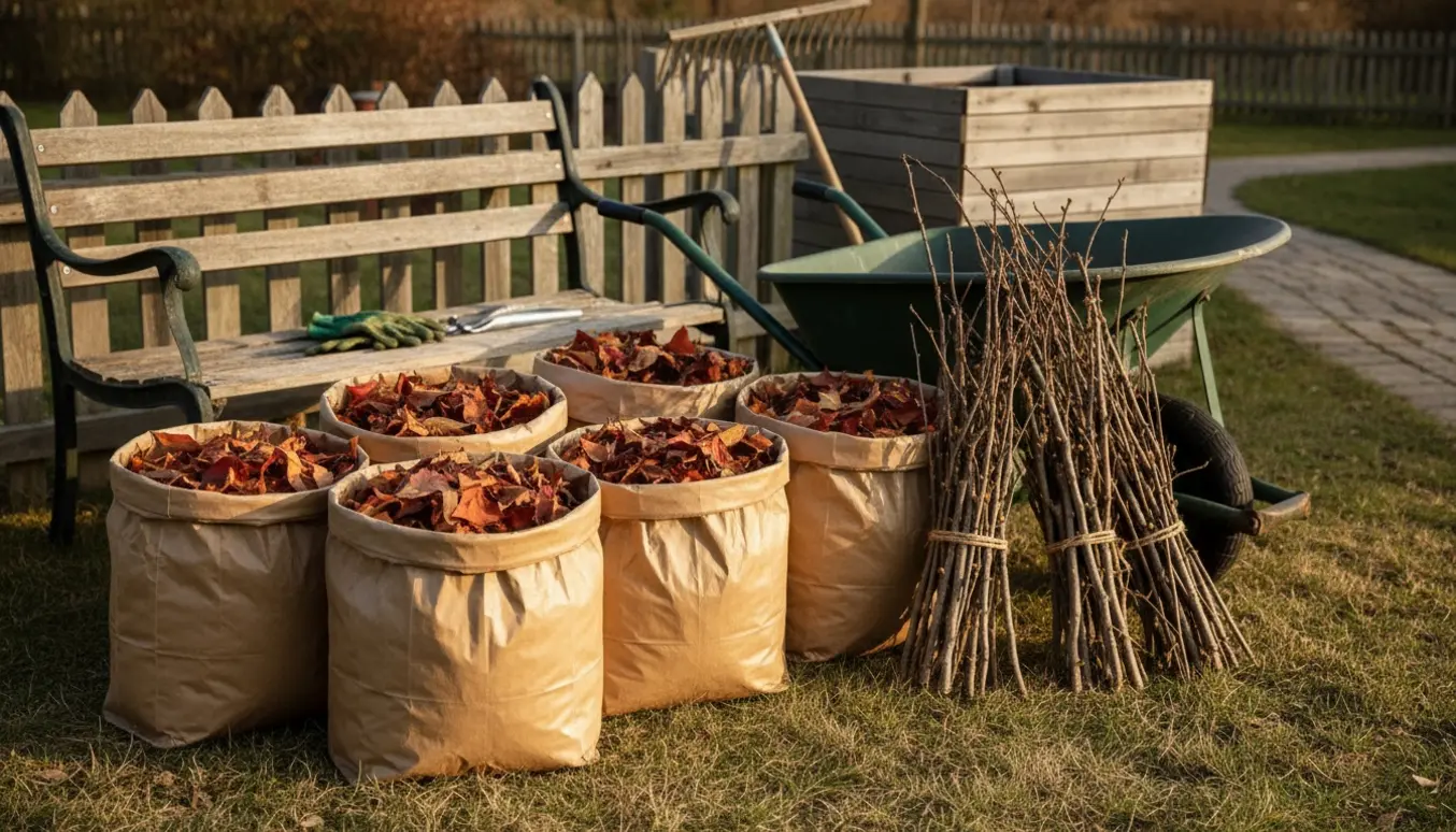 Fem-seks sække med blade og en bunke små grene ved kompostbeholderen i en solrig baghave.