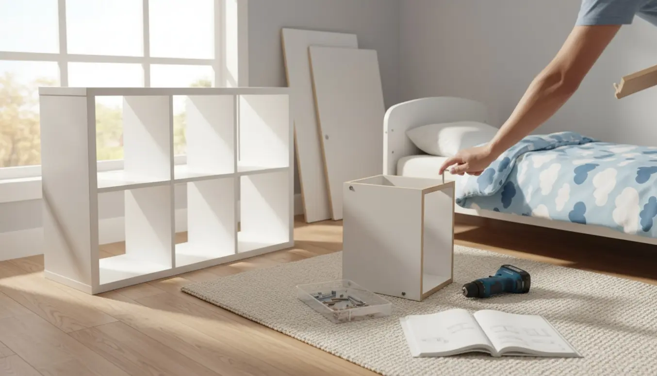 Delvist samlet hvid kasserreol og junior seng i lyst børneværelse med værktøj og samlingsdele.