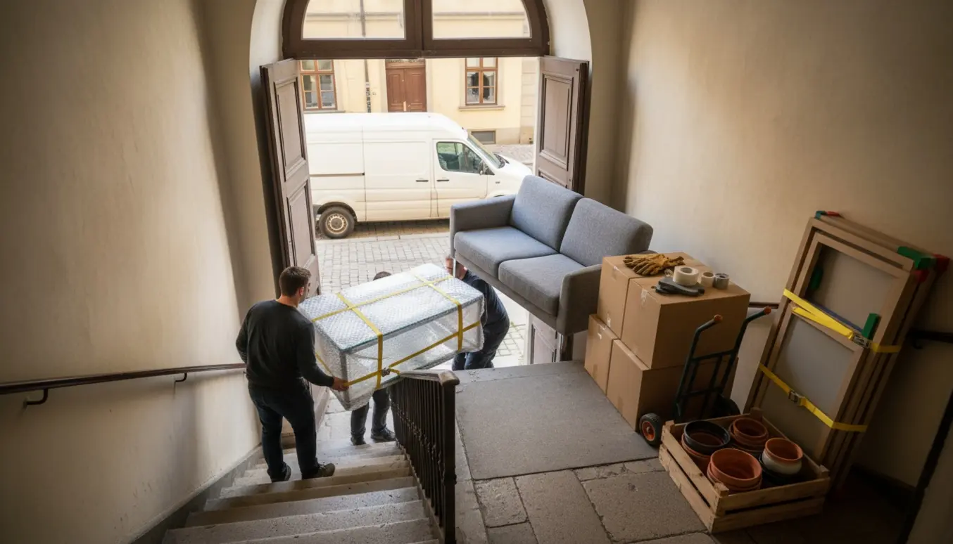 Flyttefolk bærer sofa og indpakkede glasmøbler ned ad en trappe med flyttekasser og beskyttelsesmateriale.