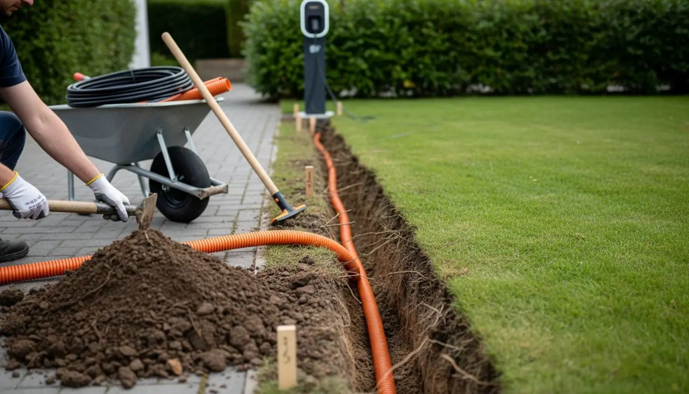 En nyudgravet kabelrende med orange korrugeret rør og værktøj nær en ladestander.