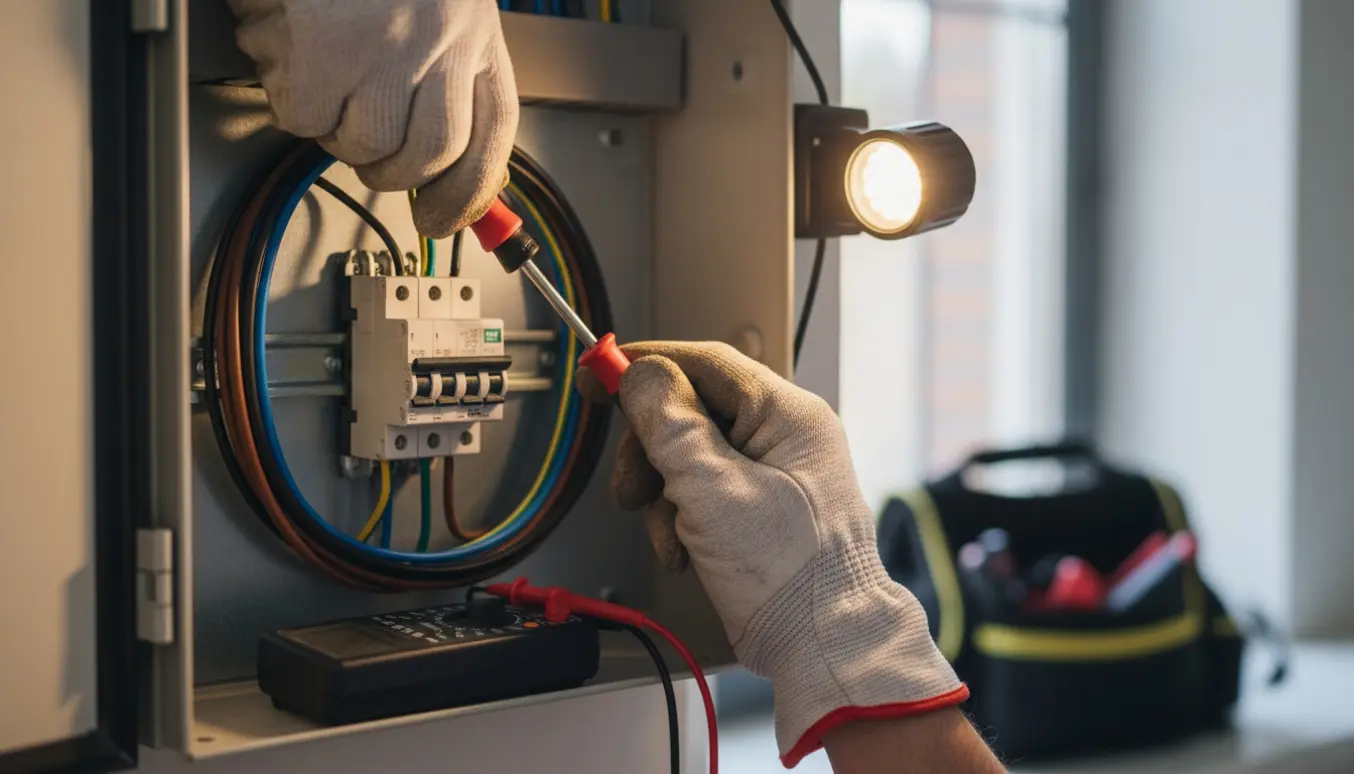 Elektriker udfører korrektioner i en åben eltavle med værktøj og farvede ledninger.