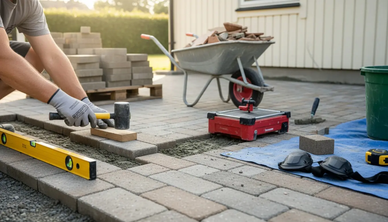 Delvist færdigt patio med herregårdssten, bunker af nye fliser og værktøj, mens en håndværker lægger fliser.
