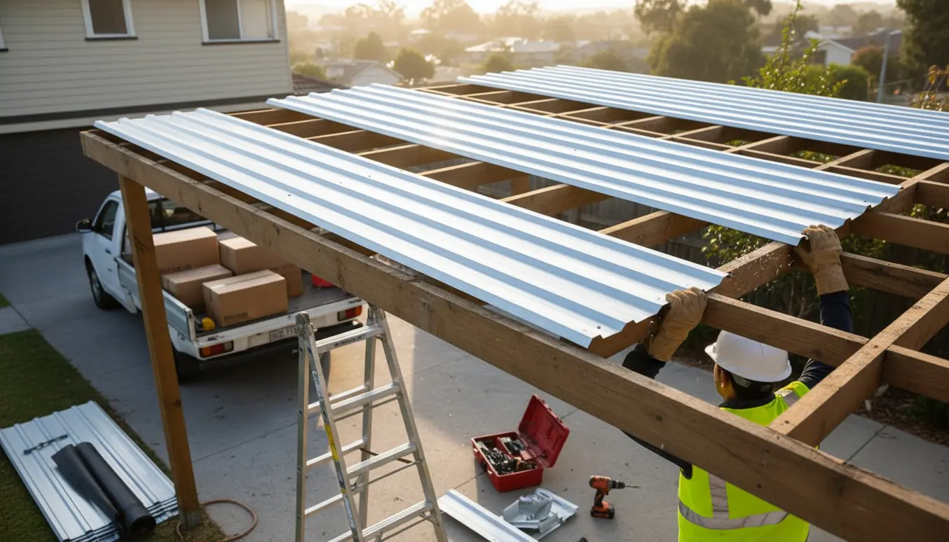 Nye tagplader monteres på en carport med stige, værktøj og arbejdshandsker i forgrunden.