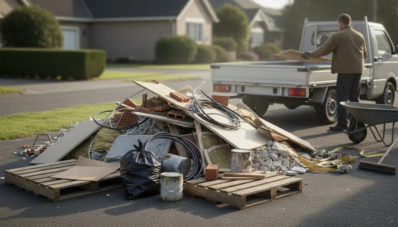 Usorteret byggeaffald ved indkørsel med tom papkasse ved paller og en varebil klar til afhentning.