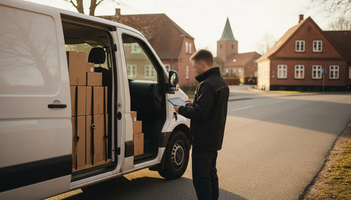 En varevogn lastes med pakker ved en landevej, klar til kørsel mod Christiansfeld.