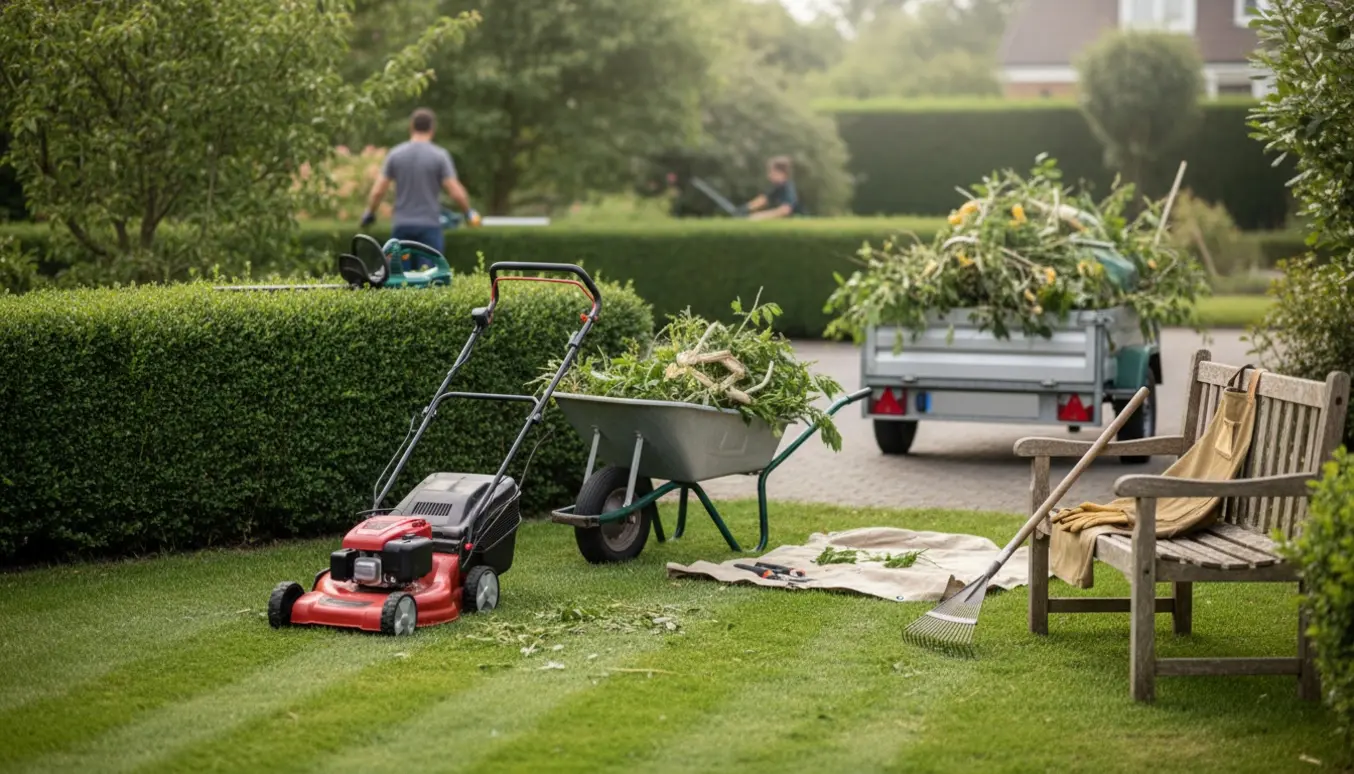 Plæneklipper, hækklipper og trillebør ved en trailer fyldt med haveaffald i en velplejet have.