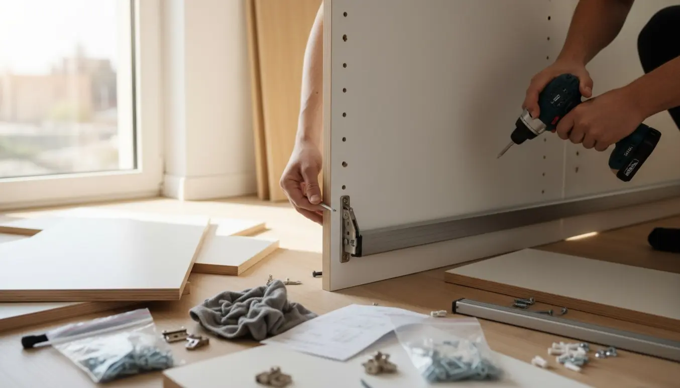 Hænder samler et Pax-garderobeskab med paneler og værktøj i et lyst rum.