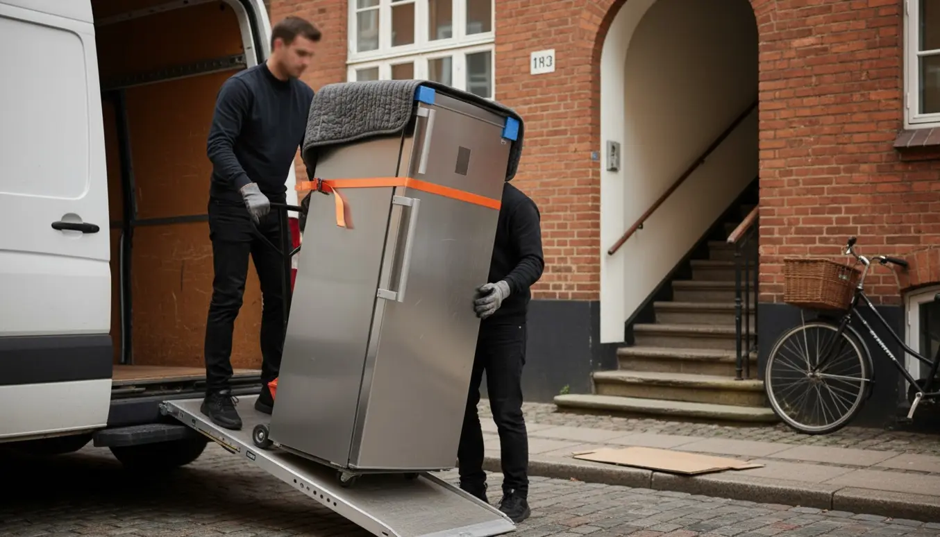 Et køleskab læsses fra en varevogn og bæres op ad trappe i en københavnsk ejendom.