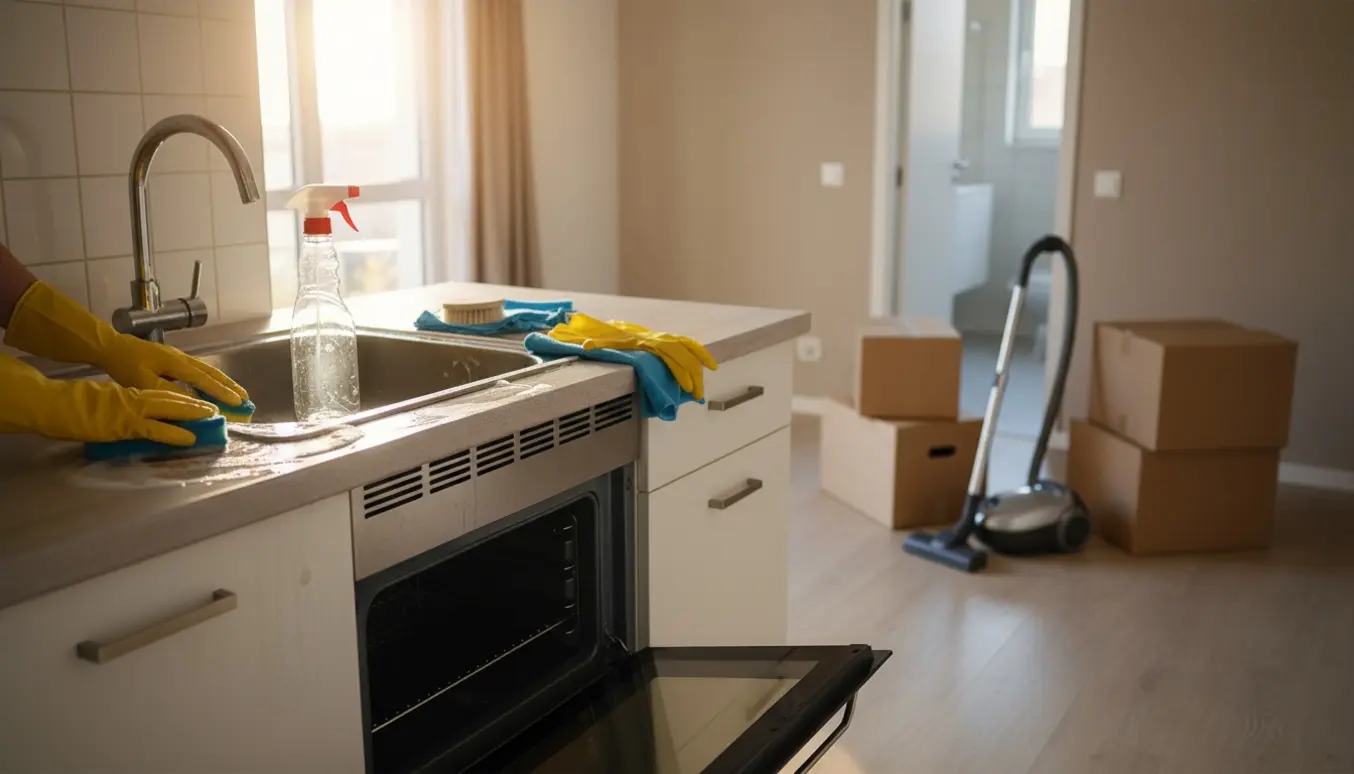 Hænder med rengøringshandsker pudser et skinnende køkkenbord i en fraflytningsklar lejlighed.