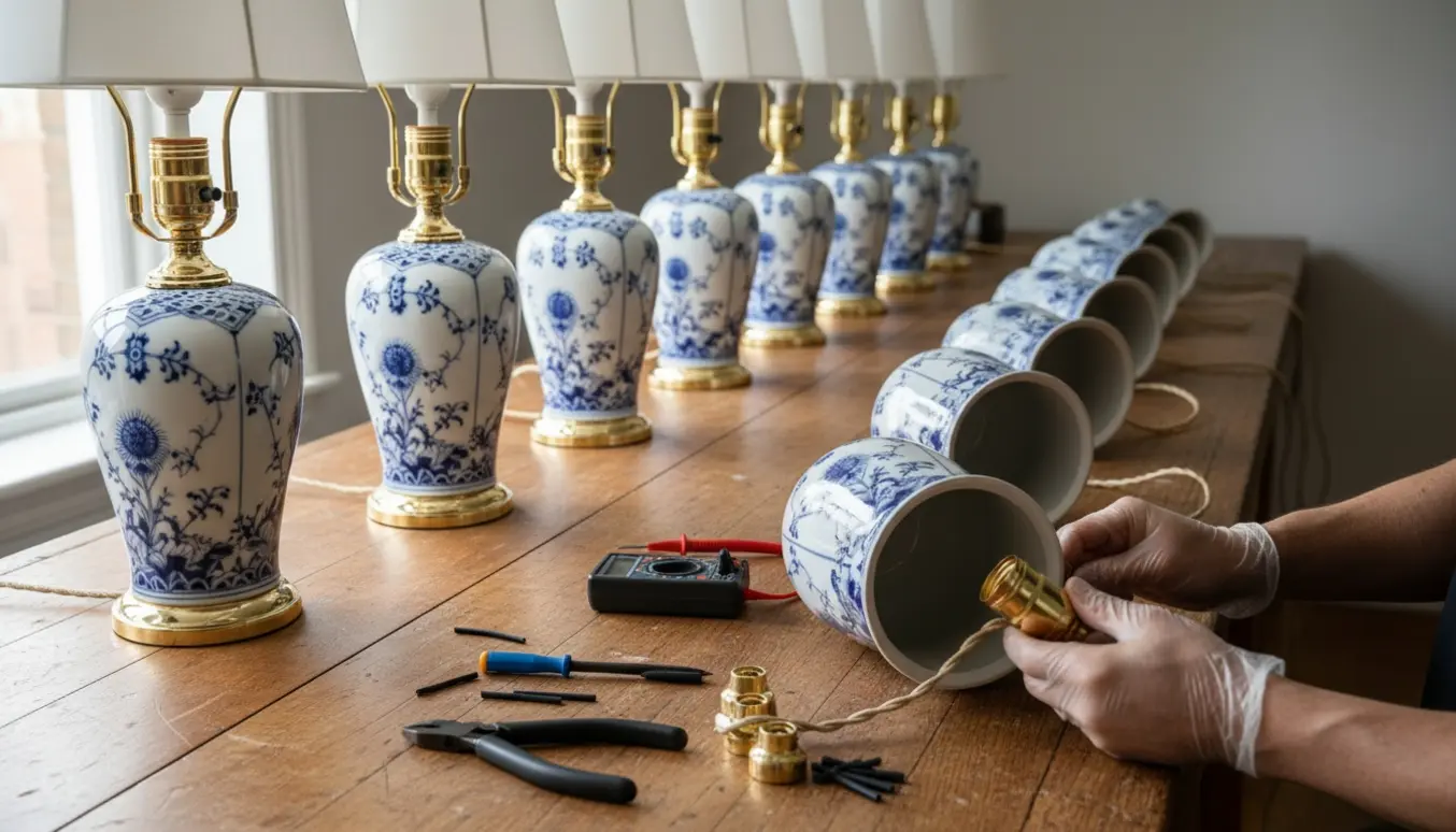 Arbejdsbord med 12 Royal Copenhagen 'Stor tidsel' bordlamper, værktøj og hænder, der udskifter fatninger og ledninger.
