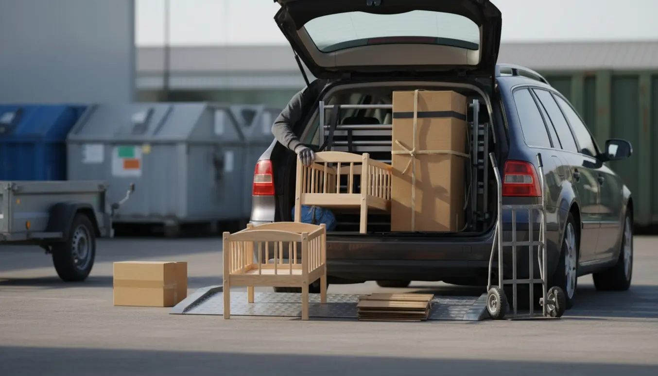 Et barnesengeramme og papkasser læsses ind i en bil ved en genbrugsplads.