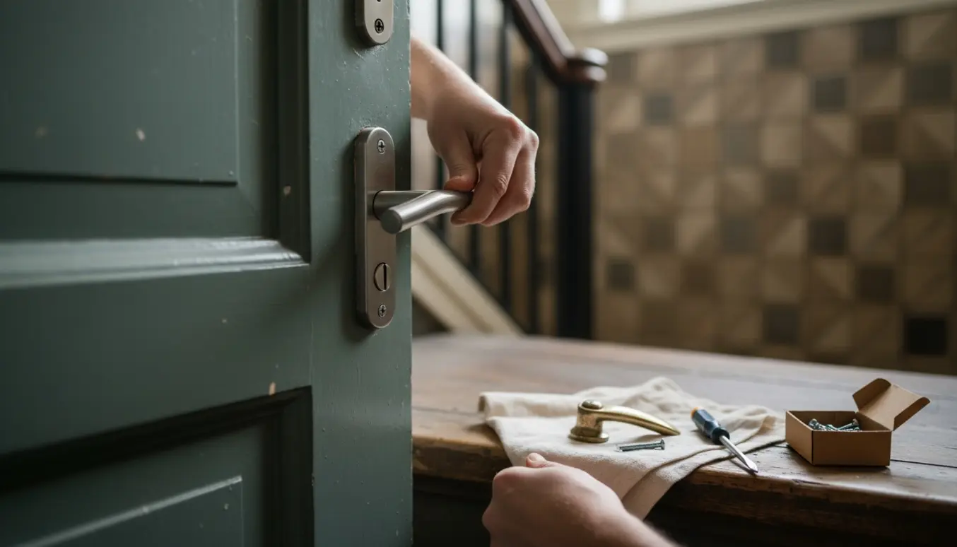 Nærbillede af udskiftning af dørhåndtag på en lejlighedsdør i en Vesterbro-trappeopgang.