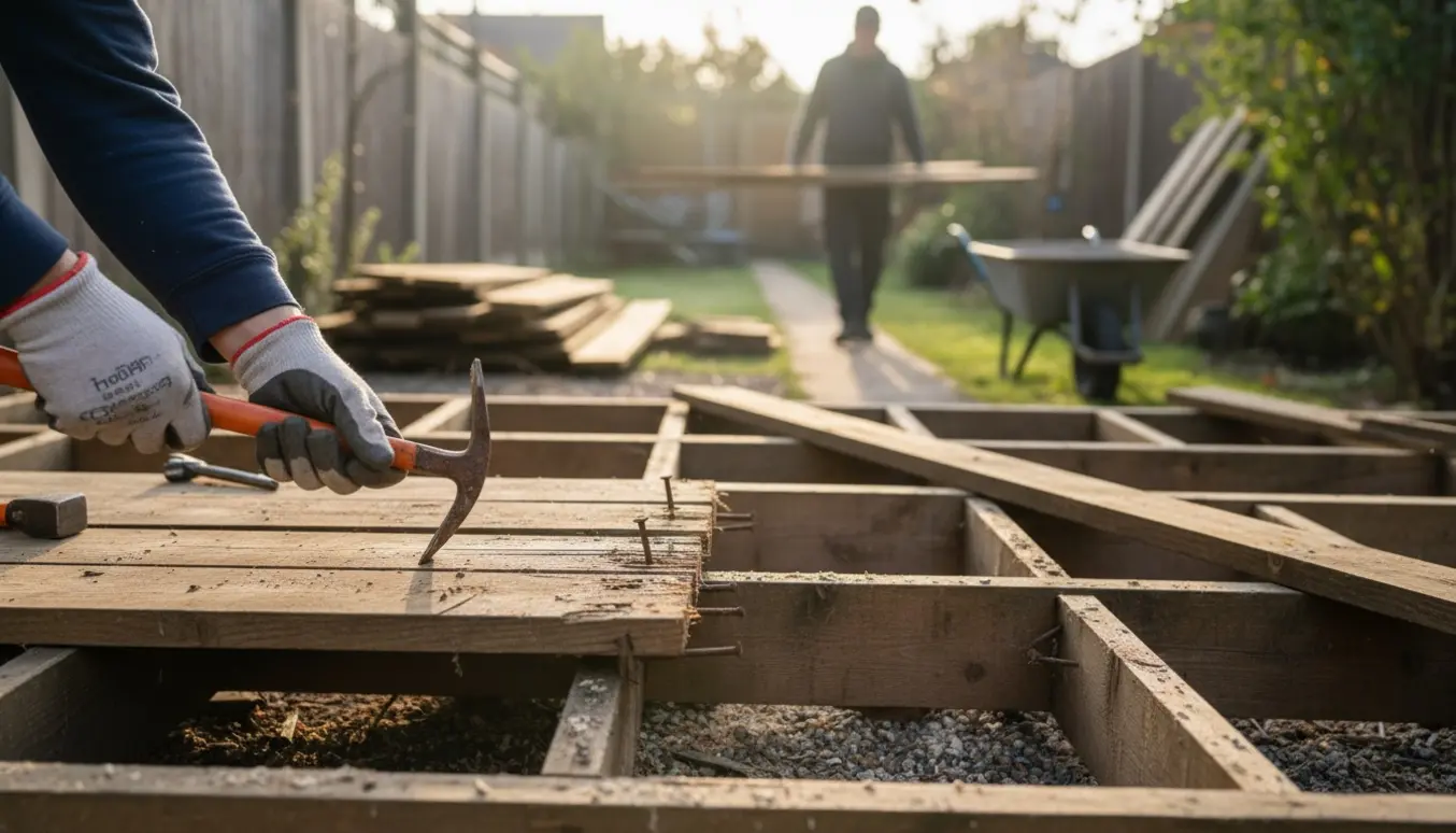 Nærbillede af handsker og koben, der fjerner gamle terrassebrædder med stablede brædder ved en sti i haven.