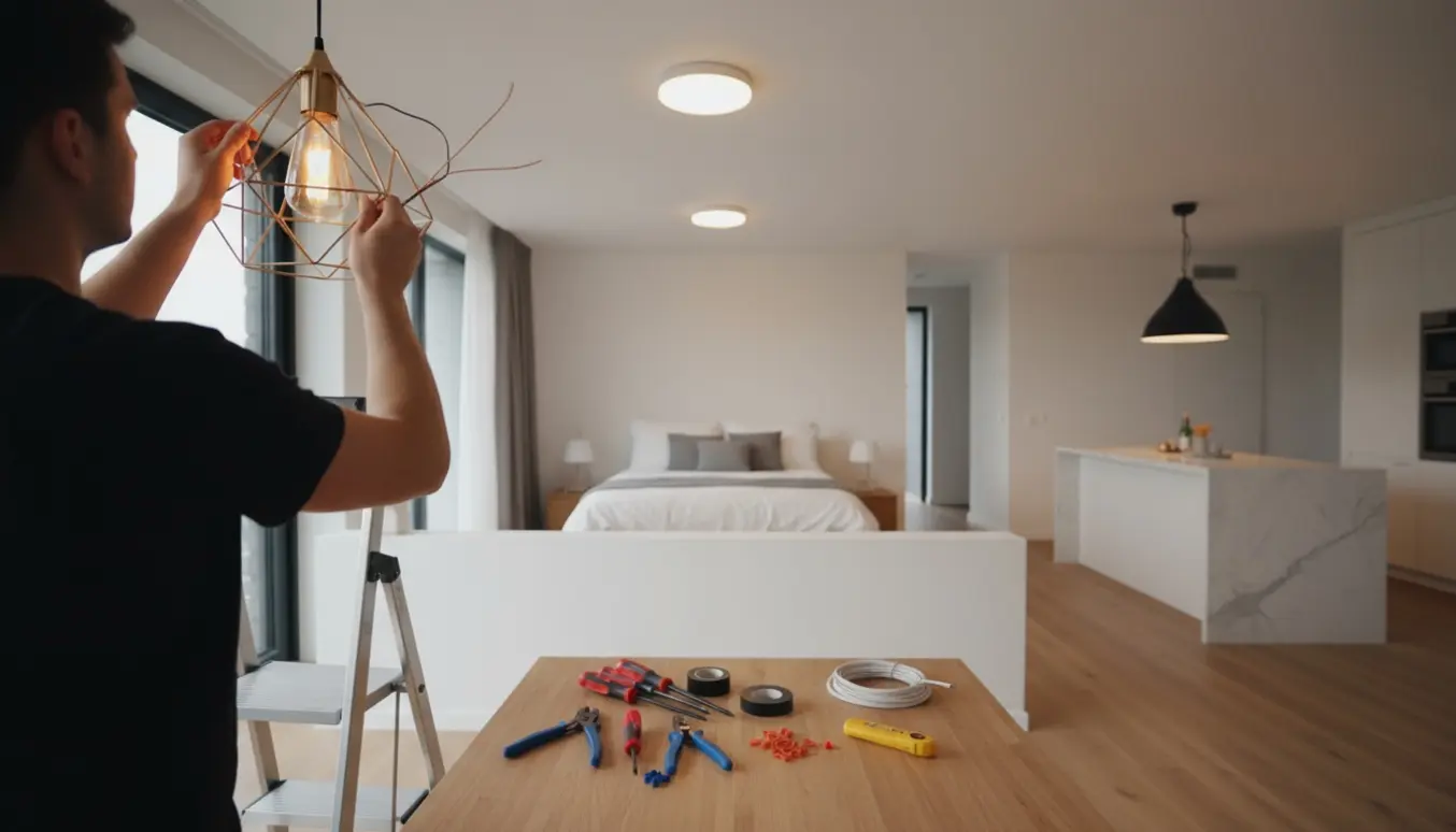 Hænder monterer en loftlampe fra en stige, med to andre installerede lamper i baggrunden.