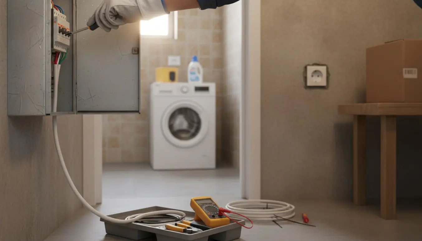 Nærbillede af elektriker der tilslutter elkabel i en åben eltavle med to nyligt monterede stikkontakter i baggrunden.