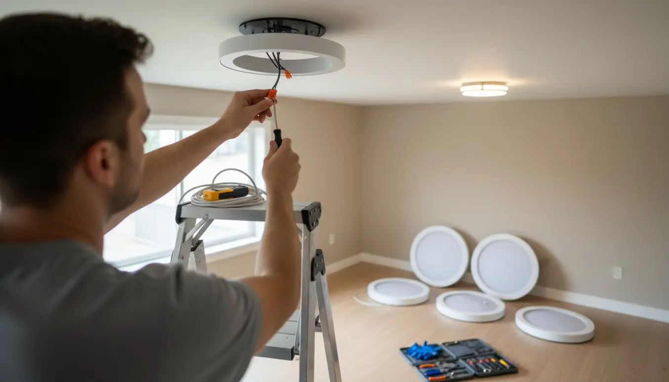 Hænder på en stige monterer en hvid LED plafondlampe under et eksisterende udtag med tre øvrige lamper klar på gulvet.