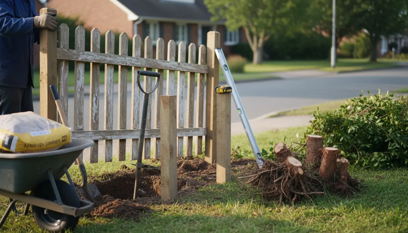 Flytning af hæk og hegn med nye stolper og værktøj i forhaven ud mod vejen.