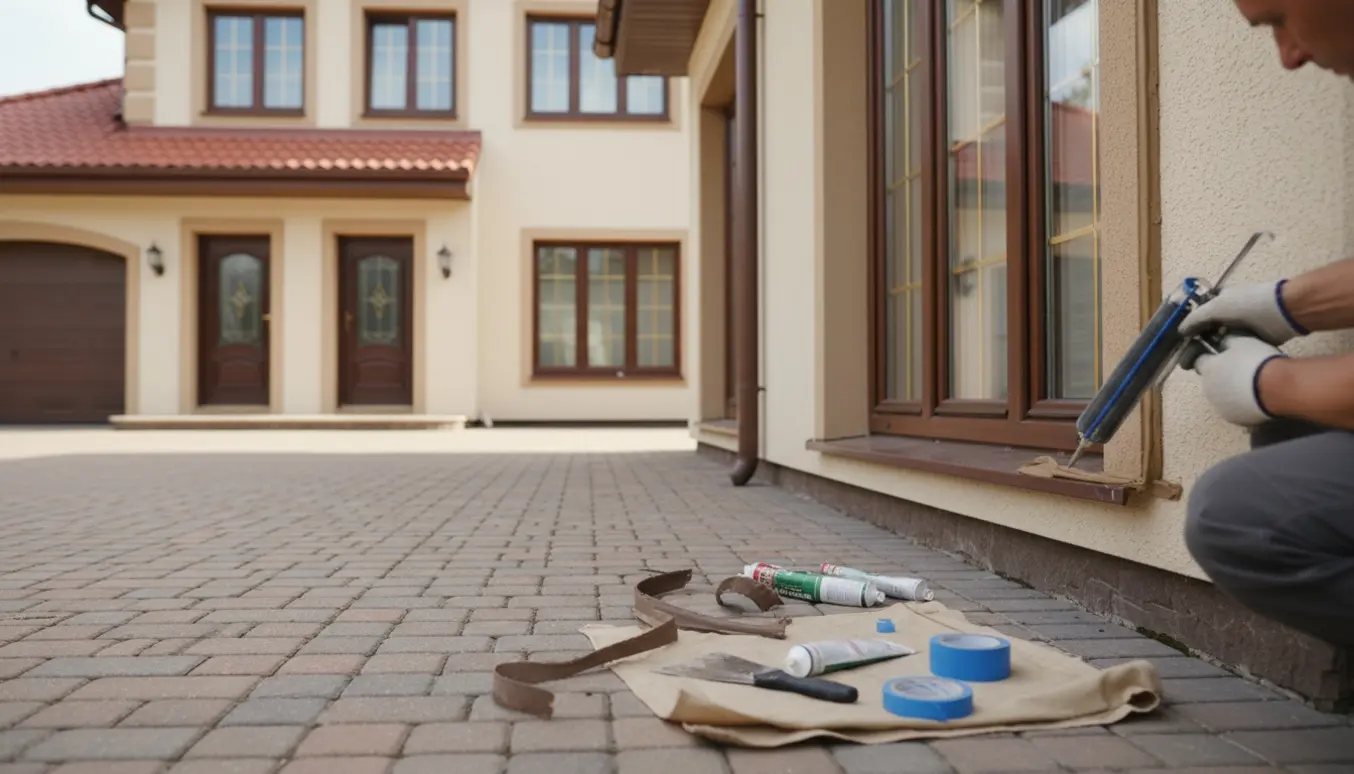 Arbejder udskifter og glatter ny udendørs fuge ved vinduerne på et parcelhus, værktøj og afdækning på belægningen.