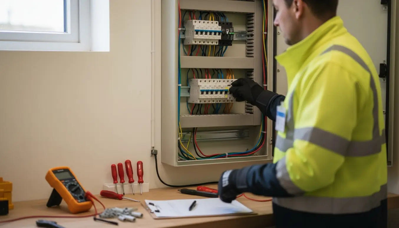 Autoriseret elektriker udbedrer fejl i en åben el-tavle i et rent teknikrum.