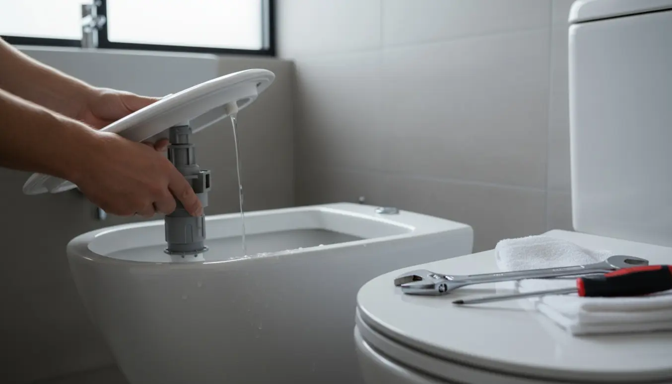 Nærbillede af et toilet med åben cisternelåg, hænder justerer fyldventil mens vand løber ind i tanken.
