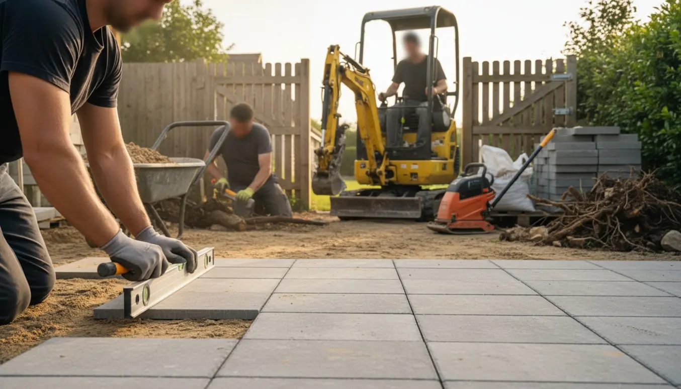 Håndværker lægger store 60x60 cm fliser på sandlag i en have med minigraver og bunker af jord og fliser i baggrunden.