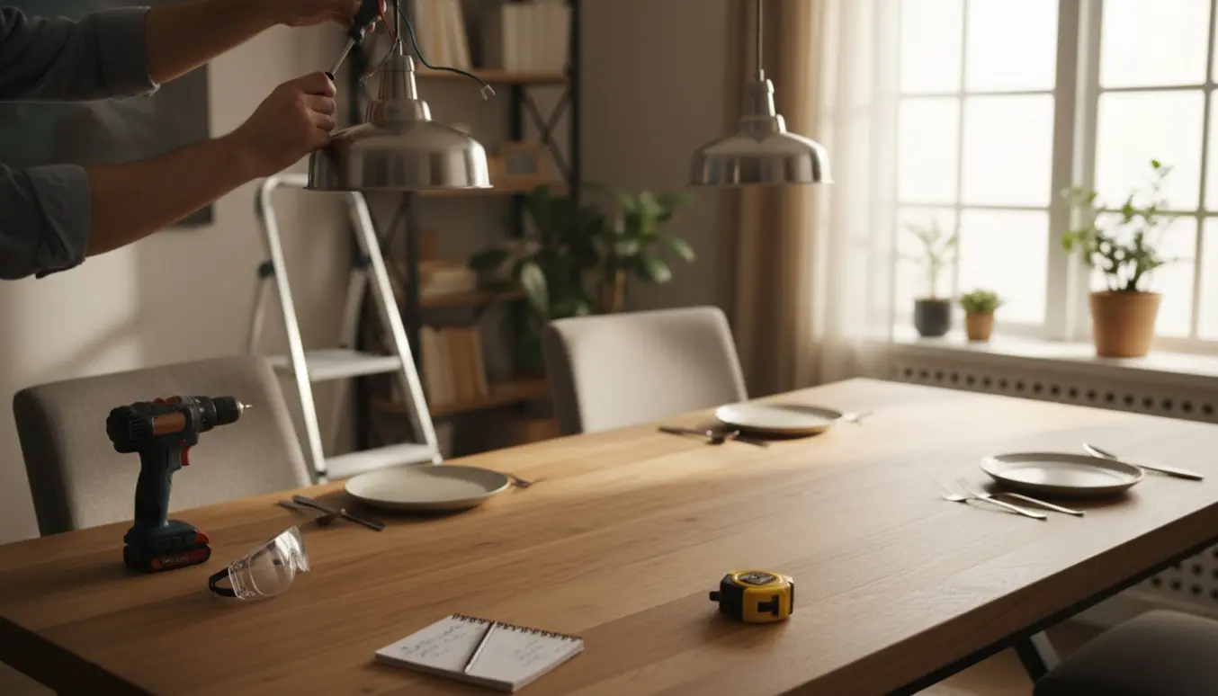 Hænder monterer en pendel over et spisebord med trappestige og værktøj i rummet.