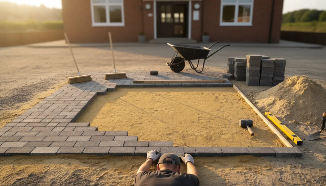 Delvis lagt fliseareal ved et forsamlingshus med bunker af sand og fliser og værktøj, en arbejder placerer en flise uden at vise ansigt.