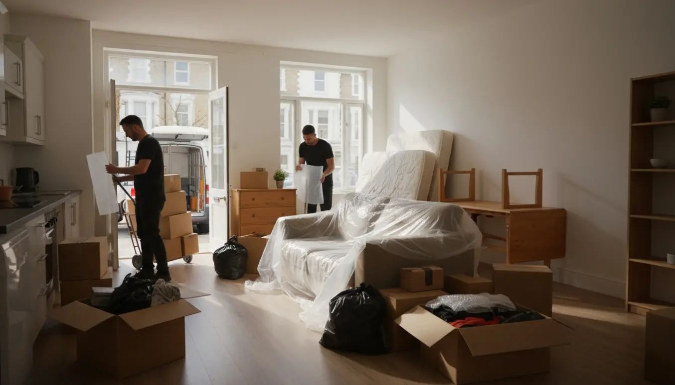 Solbelyst rækkehuslejlighed med indpakkede møbler, stabler af kasser og madrasser klar til bortskaffelse.