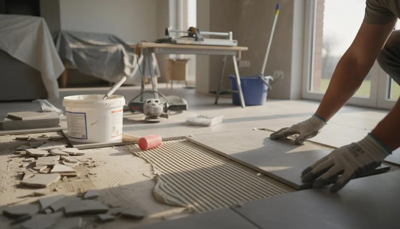 Halvfærdigt køkkengulv, hvor en hånd placerer en ny klinke med fliseklæb, flisekryds og værktøj omkring.