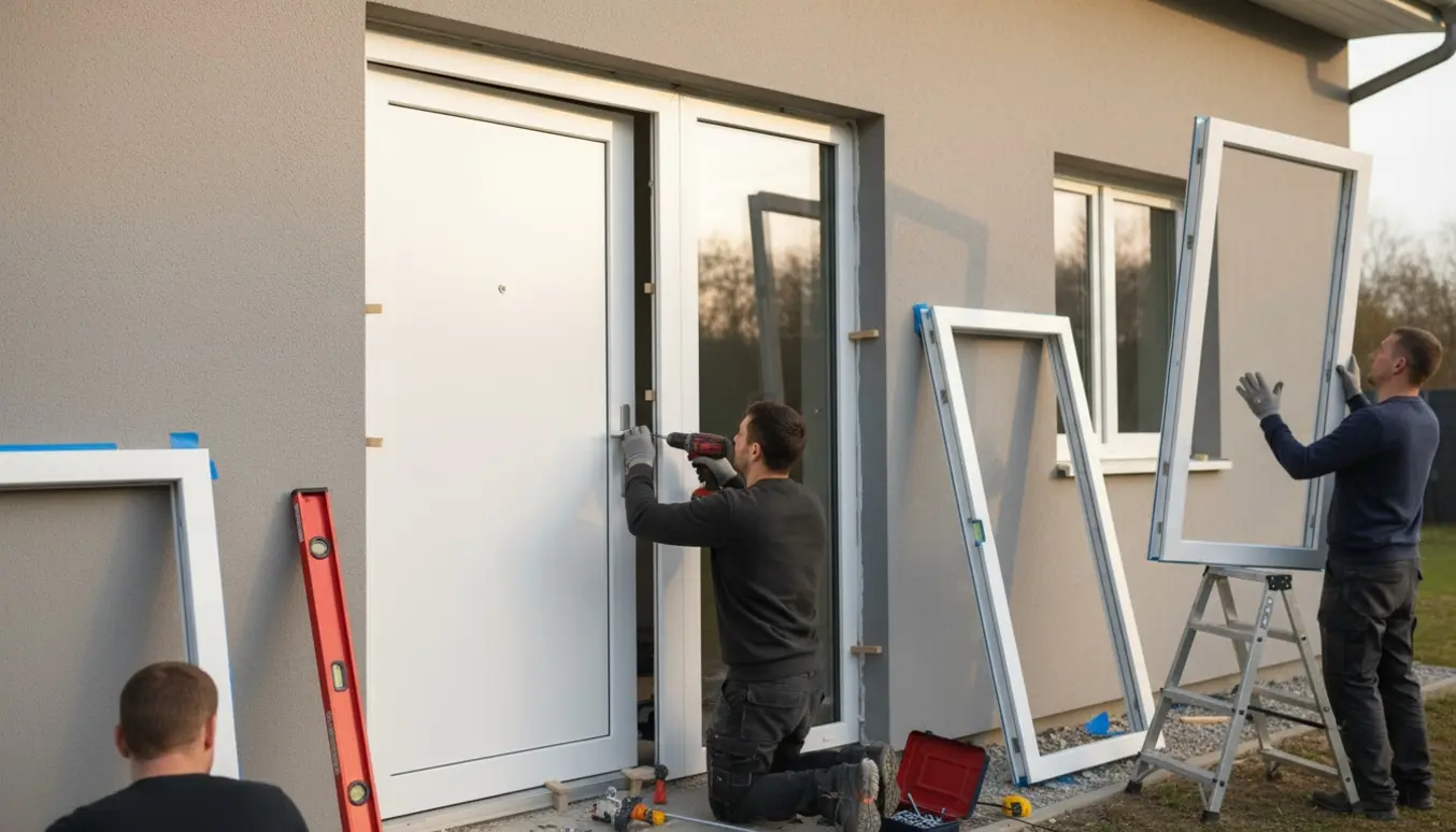 Hænder monterer en ny facadedør med sidesprosse og vinduesrammer udvendigt med boremaskine og fugepistol.