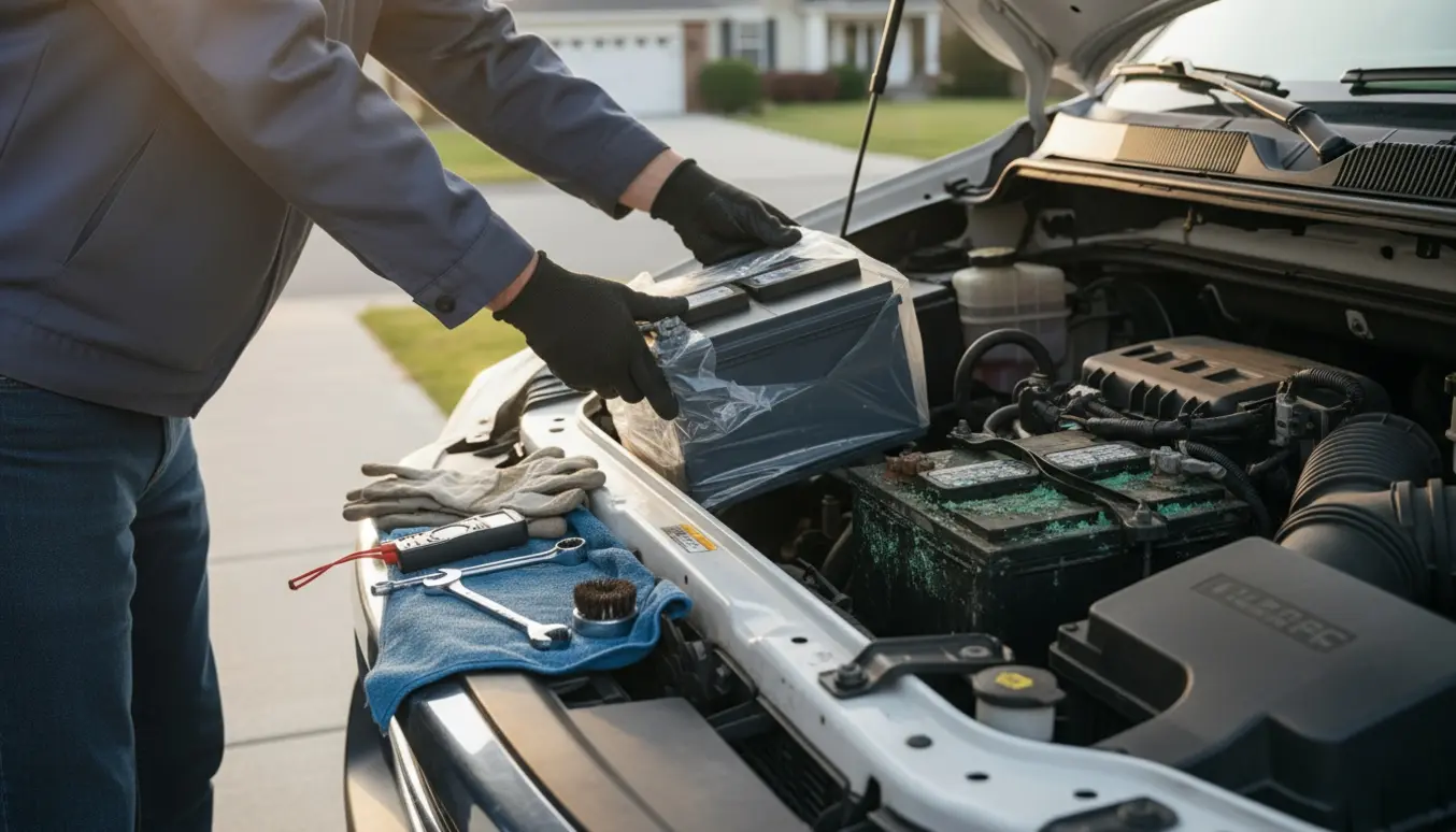 En tekniker i handsker installerer et nyt bilbatteri i motorummet på en varevogn med værktøj og nyt batteri ved siden af.