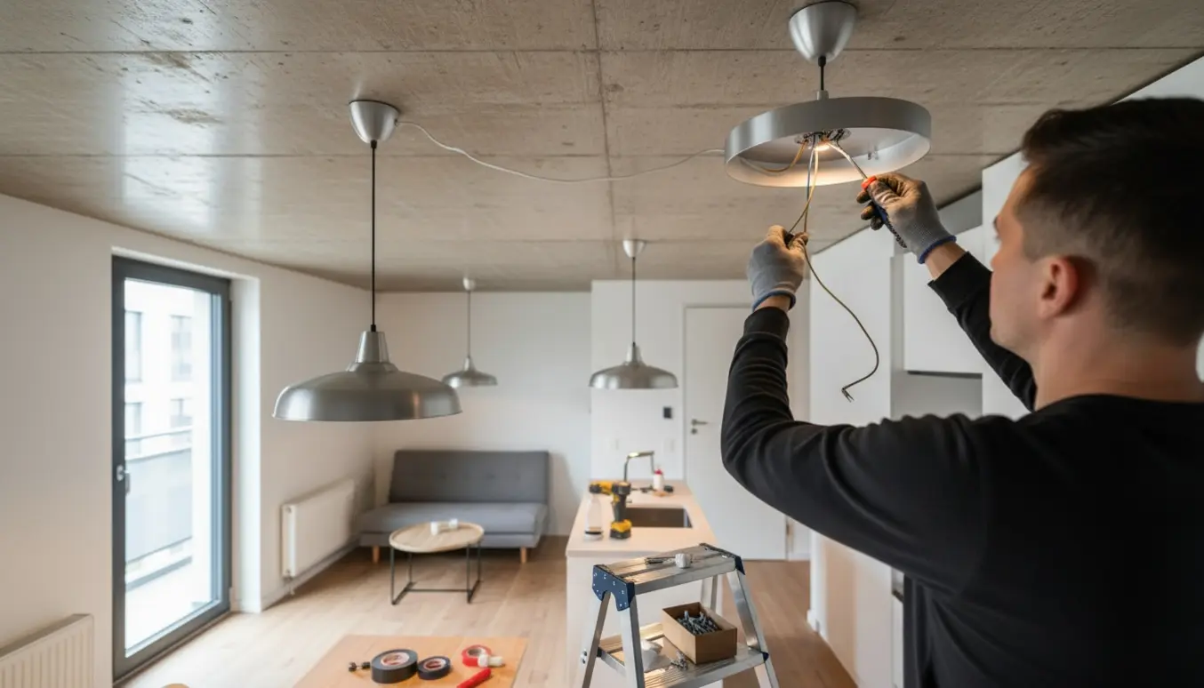 En person på en stige opsætter tre loftslamper under et betonloft, med værktøj og ledninger synlige.