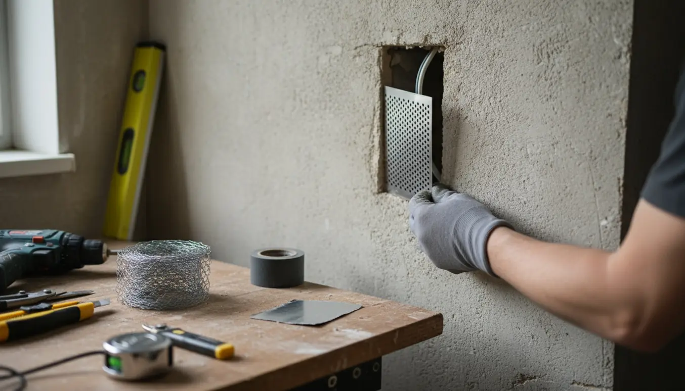 Nærbillede af hænder, der monterer en ventilationsrist i en skrå åbning i væggen med værktøj og materialer ved siden af.