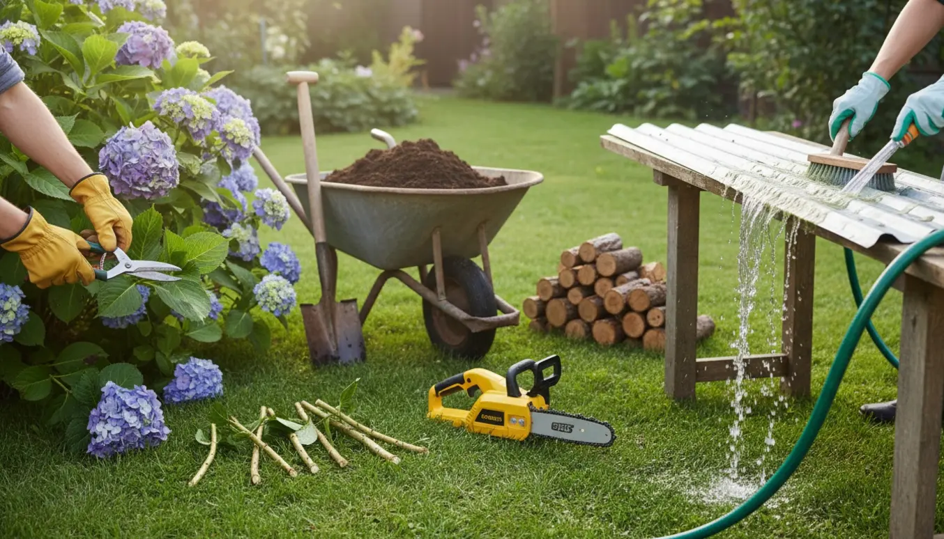 Havearbejde med beskæring, tilførsel af muld, små afsavede træstammer og rengøring af alger på zink.