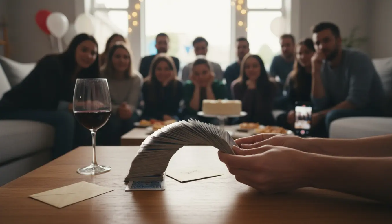 En tryllekunstner udfører korttricks ved et intimt fødselsdagsselskab med gæster i blød baggrund.
