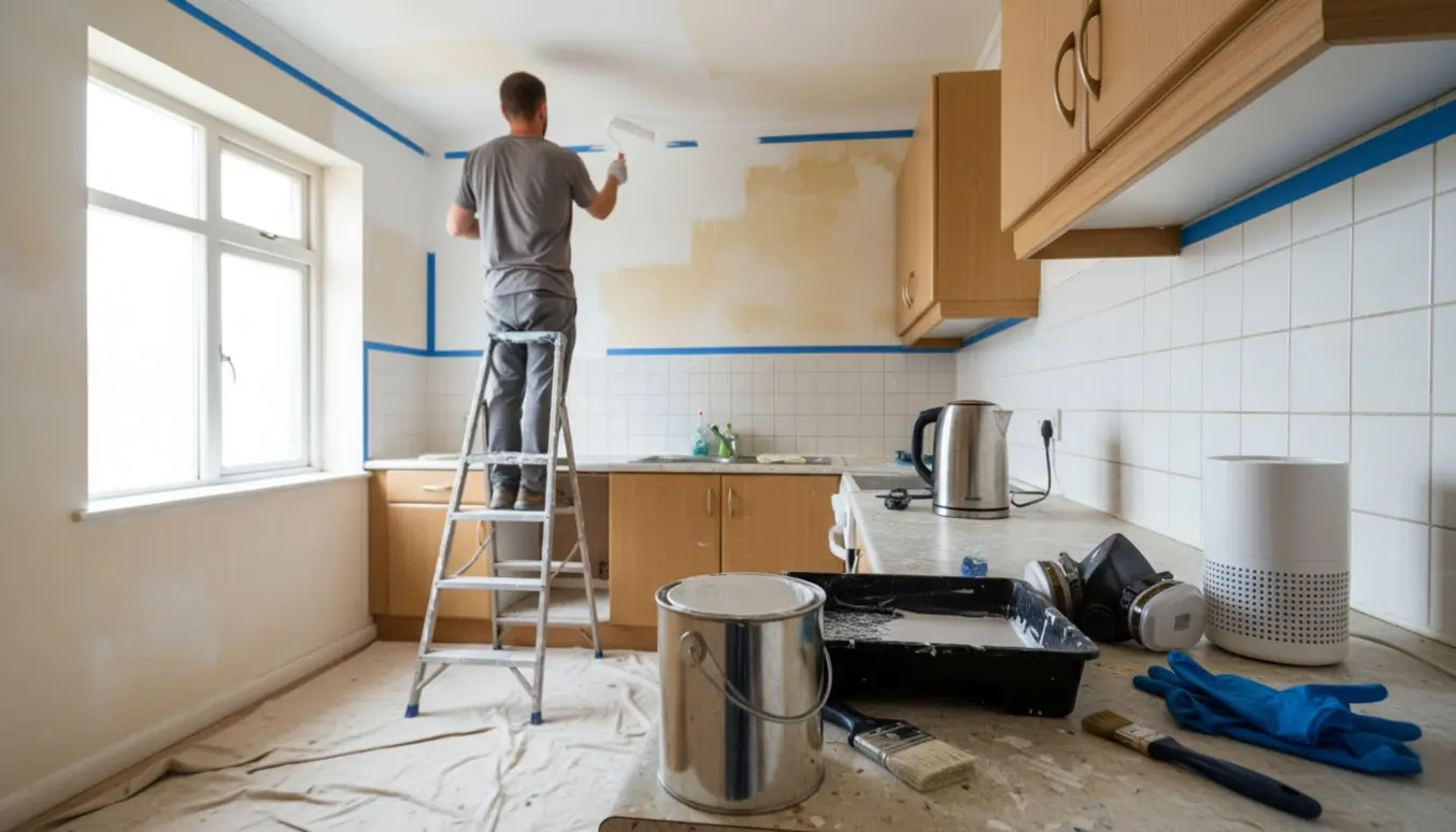 Et lille køkken, hvor en maler på en stige ruller frisk hvid maling over gulnede vægge og loft.